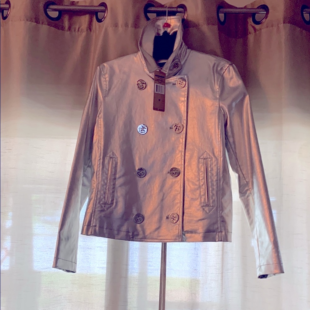 Ralph Lauren Silver Leather Like Jacket w/ Stand-Up Collar Sz M Beautiful
